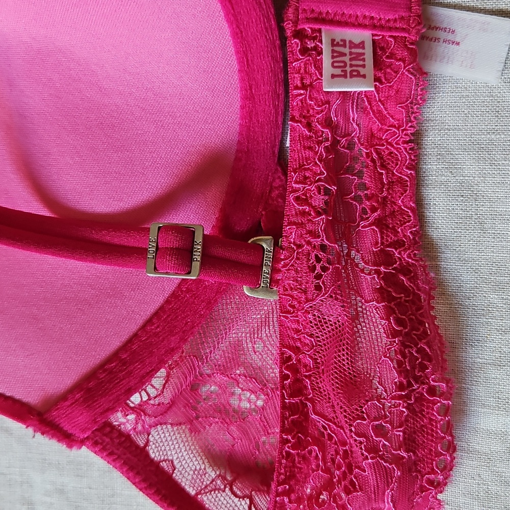 Pink Victoria's Secret Pink Lace Women's Bra 34A Push Up Plunge - Picture 4 of 14